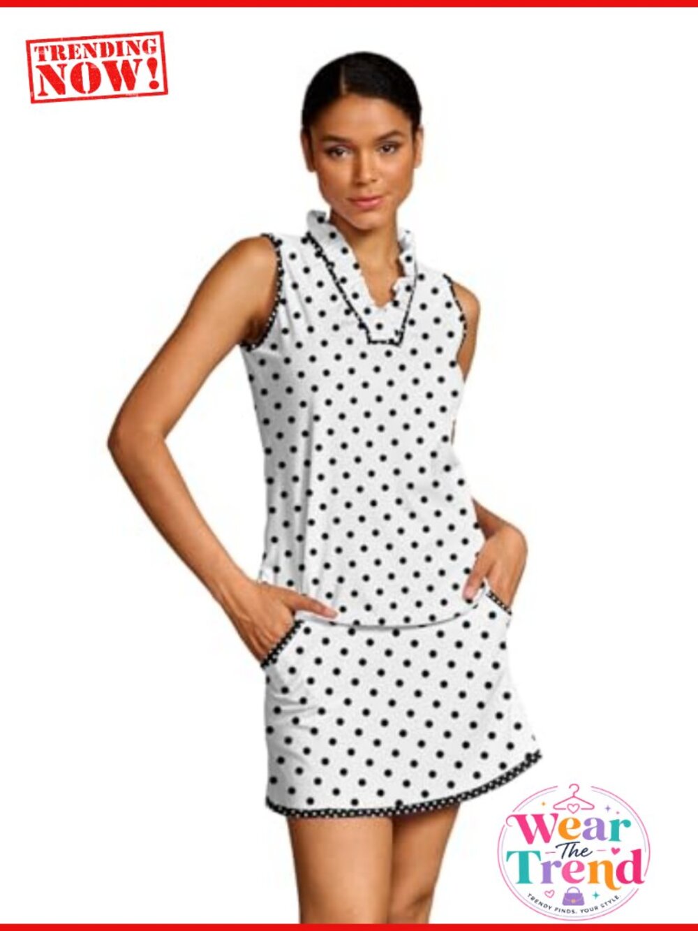 Womens Golf Polo Shirt Sleeveless Ruffle V Neck UPF 50+ Polka Dot Print